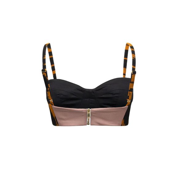 Sandra Weil Stretch Ikat Plaid Pattern Bra Patchwork Crop Bustier Brown Size 2 - Picture 4 of 4